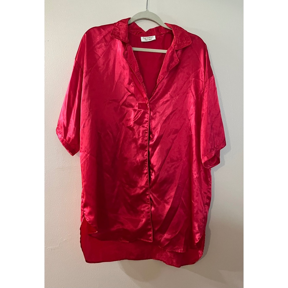 Vintage Victorias Secret Gold Label Red Satin Sleep Shirt Nightgown Oversized XL
